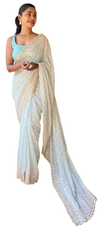 Sari ethnique en georgette brodée pour mariage et grande célébration