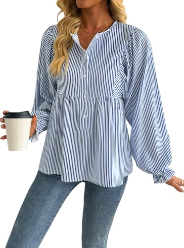 Avanova Women Striped Shirt Peplum Babydoll Top Ruffle Long Sleeve Blouse3