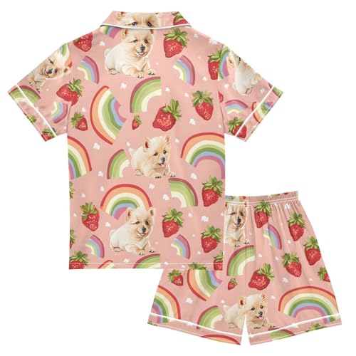 ALAZA Strawberry Puppy Dog Rainbow Blossom Pajamas Satin Pajama Set Short Sleeve Button Down Sleepwear2