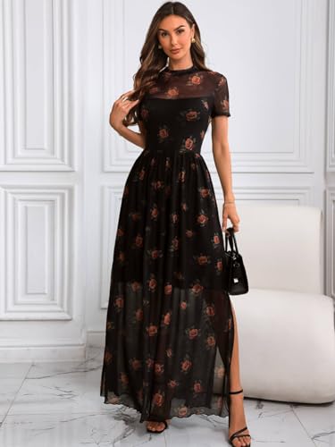GothDark Women's Mesh Dress Short Sleeve Round Collar Floral Print Waist-Cinched Maxi Summer Casual Dresses4