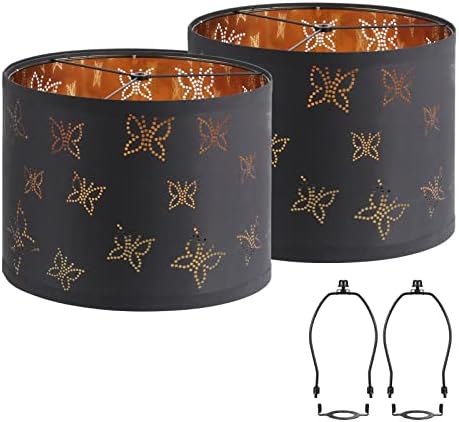 Black Lampshades Set of 2, Drum Lampshades with Butterfly Design, 12.7" x 12.7" x 10 Inches Lampshades for Table Lamp, Floor Lamp, Pendant Light, Lamp Shade Harp Holder Included