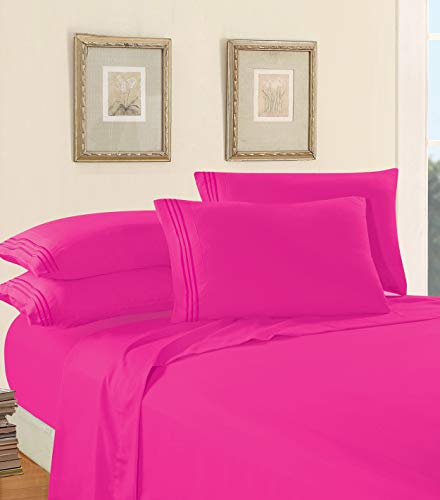 Elegant Comfort Luxury 1500 Premium Hotel Quality Microfiber 5-Piece Sheet Set - Wrinkle Resistant, All Around Elastic Fitted Sheet, Deep Pocket up to 16", Split King, Hot Pink
