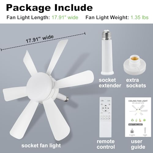 QIYVLOS Socket Fan Light Ceiling Fans with Lights and Remote, Dimmable LED Fan Lights 3000K-6500K, 6 Wind Speeds Smart Low Noise Ceiling Fan, 1500 Lumens Screw in Ceiling Fan for Bedroom, Kitchen