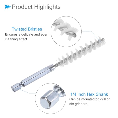 Image of Bore Brushes Set, 8mm 10mm 12mm 15mm 17mm 19mm Dia, Nylon Twisted Cleaning Wire Brushes with 1 /4 Inch Hex Shank - (Applications: for Power Drill), 6-Pieces