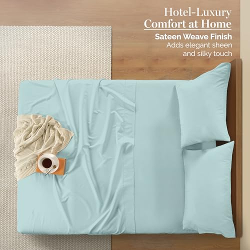 Casa Platino 100% Egyptian Cotton Sheets Twin Size Set - 4 Pcs (1 Flat, 1 Fitted, 2 Pillowcases)- Ultra Smooth Sateen Weave Bed Sheets Set with 15" Deep Pockets - Blue Sky