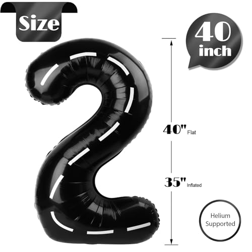 Image of Race Car 2 Balloon, Two Number Balloons 40 Inch, 2nd Black Balloon Number Birthday Decorations, Second Two Birthday Party Supplies, Number 2 Balloon
