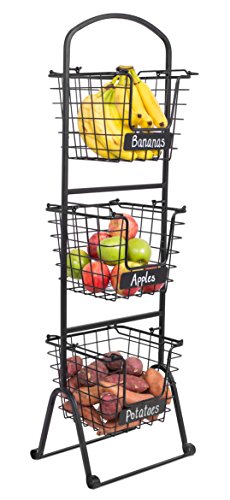 BIRDROCK HOME 3-Tier Wire Market Basket Stand with Chalk Label - Fruit Vegetable