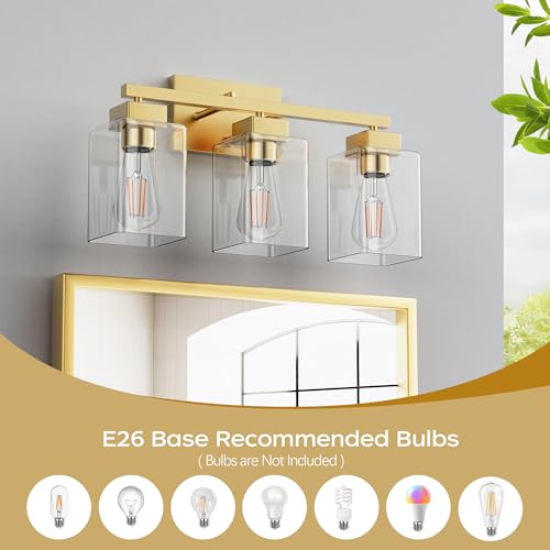 Image of PARTPHONER 3-Light Bathroom Light Fixtures, Brushed Gold Modern Vanity Lights, Bathroom Lighting Fixtures Over Mirror, Square Design Farmhouse Wall Sconces with Clear Glass Shades
