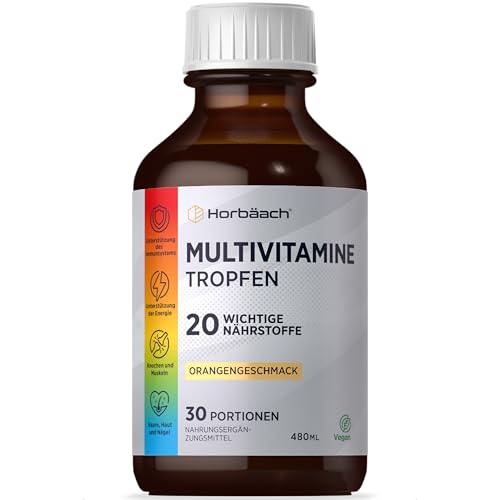 Multivitamin Komplex Tropfen | 480ml | Vegan | 20 essentielle Nährstoffe | Hochdosiert Vitamin | 30 Portionen | Orangengeschmack | Horbaach