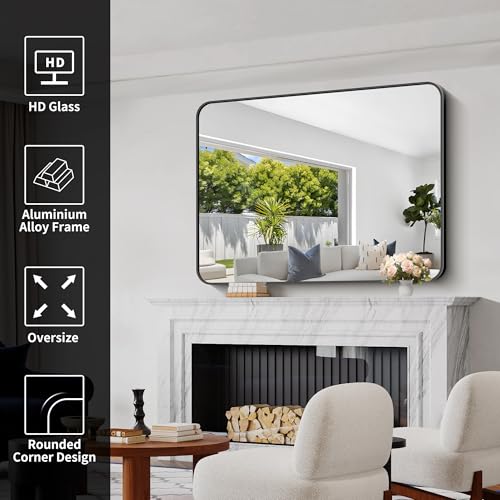 Bathroom Mirror, 48x36 inch Black Rectangle Wall Mirror, Metal Frame Rounded Corner Vanity Mirror, Large Wall Mounted Mirror for Over Sink Bedroom Living Room Horizontal Or Vertical Mounting