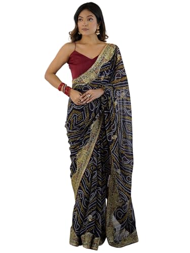 Image of Satrani Women's Georgette Bandhani Printed Embroidered gota lace Saree with Unstitched Blouse Piece