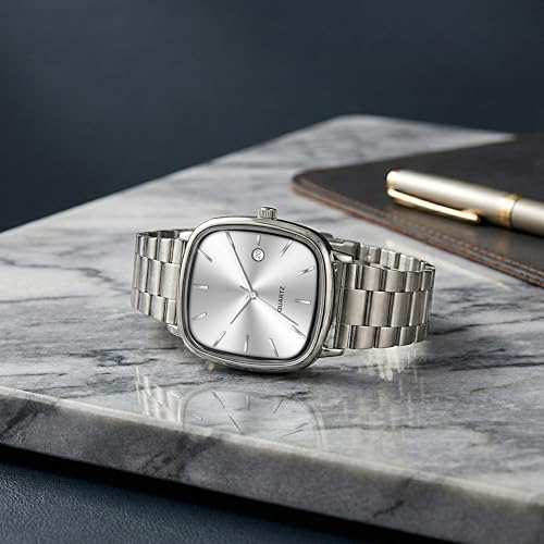 Image of Acnos Luxury Square Dial Quartz Watch for Men & Women - Stainless Steel Bracelet, Minimalist Analog Wristwatch with Date Window Pack of 1