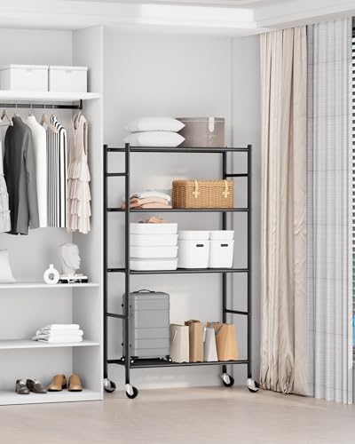 Image of Sakugi 4-Tier Storage Shelves 33.1 inch x12.6 inch x58.9 inch Black with Wheels | Kitchen, Closet, Pantry, Garage, Heavy Duty, Adjustable Feet, Metal Construction