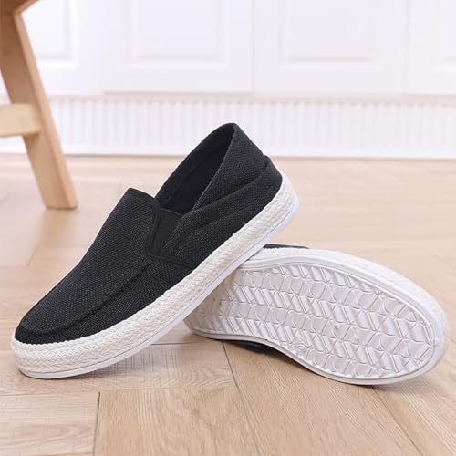 MILDSEVEN Handmade Men's Simplicity Linen Shoes, Casual Traditional Chinese Canvas Shoes, Fashion Comfortable Retro Loafers,7,Black3