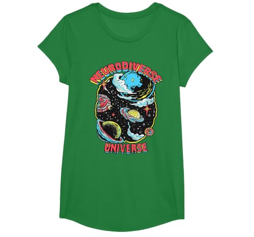 Neurodiverse Universe Neurodiversity Embrace ADHD Autism ASD T-Shirt, Girls, Kelly Green, Small
