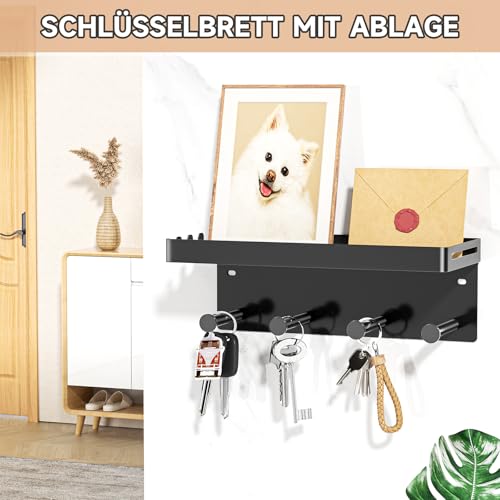 YYBO Hundegarderobe Schlüsselbrett Mit Ablage, Schlüsselhalter Wand, Schlüsselablage Schwarz, Metall Hundeleinen Halterung Wand für Flur, Eingangsbereich, Selbstklebend or Bohren