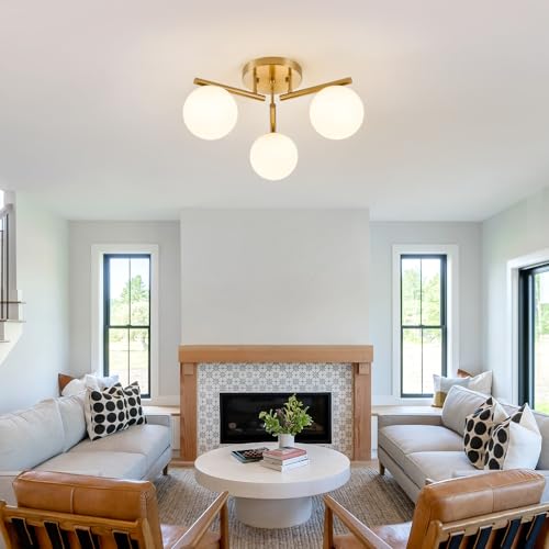 Image of 3 Light Brass Sputnik Ceiling Light Fixture, Globe Semi Flush Mount Ceiling Light, Brass Gold 21.65 '' Milky Glass Globe Mid Century Modern Light for Bedroom Hallway Living Room
