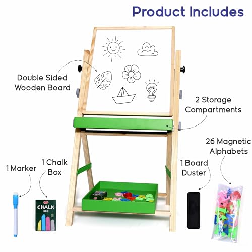 Image of Chanak 2-in-1 Wooden Easel Board for Kids - Magnetic Whiteboard & Chalkboard, Adjustable Height, with Alphabets, Numbers, Marker, Chalks, Duster, Storage Trays, Safe Non-Toxic for Ages 3+