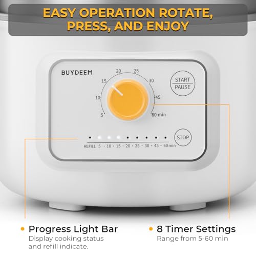 BUYDEEM G32 Electric Food Steamer 1.6QT, Stainless Steel Steamer for Vegetable Egg Seafood, 8 Time Settings, Triple Dry Protection, Quick Steam, Healthy Cooking for 1-2 Servings, Arctic White