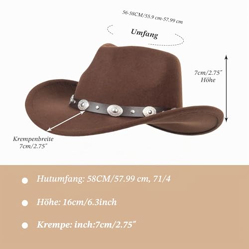 INOGIH Westernhut für Damen und Herren, Cowboy- und Cowgirl-Hut, Fedora Mit Pull-On-Verschluss, Breite Krempe, Braun, Medium