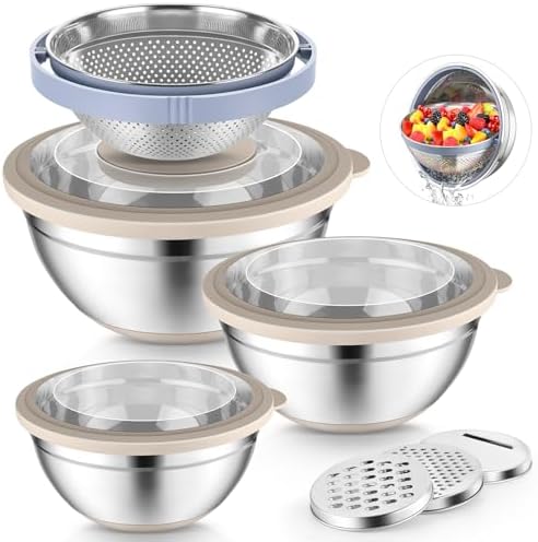 P&P CHEF Mixing Bowls with Lids Set of 3, Stainless Steel Mixing Bowl and Colander for Kitchen, 3 Grater Attachments & Non-Slip Bottoms, Visible & Airtight Lid, Khaki - Thumbnail 3