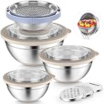 P&P CHEF Mixing Bowls with Lids Set of 3, Stainless Steel Mixing Bowl and Colander for Kitchen, 3 Grater Attachments & Non-Slip Bottoms, Visible & Airtight Lid, Khaki