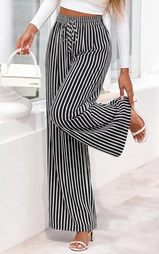 Image of PRETTYGARDEN Womens Pants Elastic Waist Floral Lightweight Palazzo Pants for Women Casual Lounge Wide Leg Pants Woman