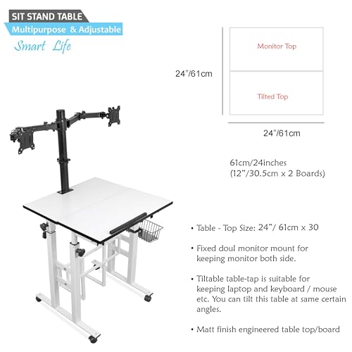 Image of Isomars Computer /Laptop Table with Dual Monitor Mount, Adjustable Height & Angles, Sit Stand Table, Computer Desktop Workstation Useful for Gadgets Like Desktop, Laptop, etc. (White).