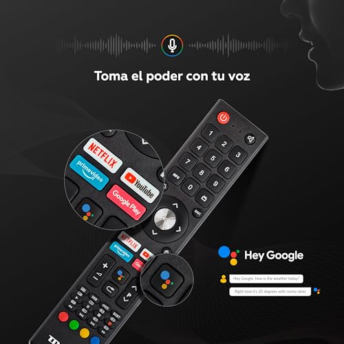 Control remoto del Smart TV TD Systems que permite activar funciones a través de comandos de voz, incluyendo YouTube y Netflix