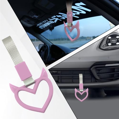 Image of 2PCS Heart shaped Car Handle Straps, Heart Car Accessories, Ring Hearts Shaped Cars Hand Strap Drift Charm, Universal Handle Keychains Accessory Suitable for Cars Bus (Pink+silver)
