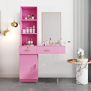 Pink Wall Mount Hair Styling Barber Station, Beauty Salon Spa Furniture Set, Dressing Table Hair Salon Equipment, 3 Storage Shelf+2 Drawers+1 Cabinet+3 Heat Resistant Sleeves