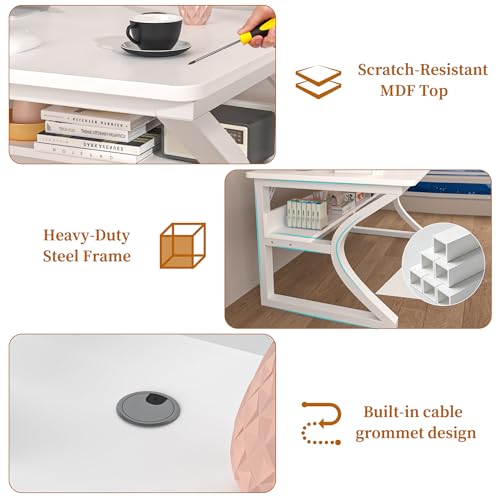Image of 47 inch Computer Desk, Home Office Desk with Storage Shelf, Sturdy U-Shaped Metal Frame Study Table with Cable Management, Gaming Desk for Office & Bedroom (White, 47inch)