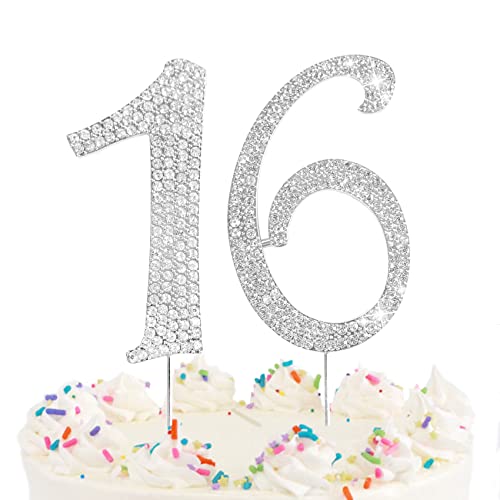 Number Cake Topper 16, Uniideco Silver Rhinestone Premium Metal Bling Bling Cake Decor, Sparkly Happy Birthday Wedding Anniversary Party Decoration Centerpiece #TOP5