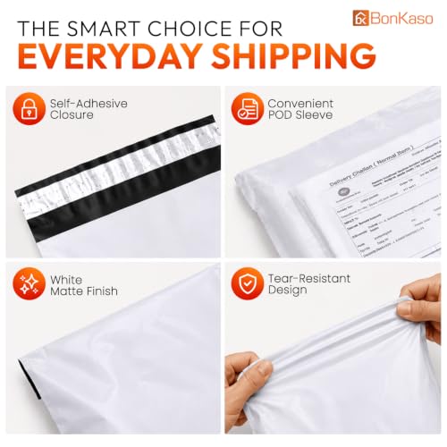 Image of BonKaso 10x14 Inch Poly Courier Bags with POD | 55 Mic Tamper-Proof Self-Seal Plastic Packaging Envelopes for Shipping, E-Commerce & Delivery - Secure Mailers (Pack of 200)