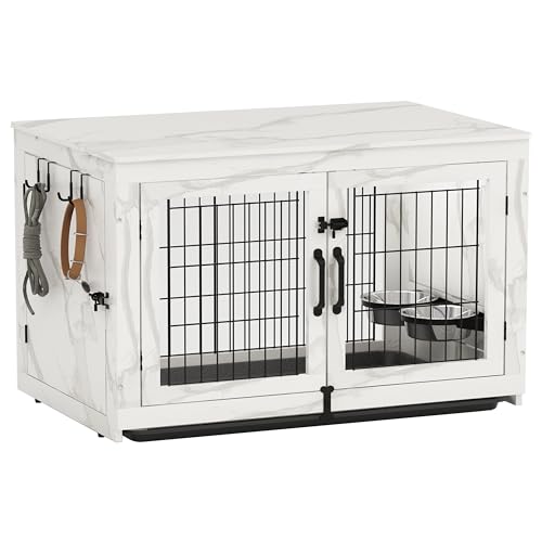Piskyet-Wooden-Dog-Crate-Furniture-with-360Rotatable-Removable-Dog-Bowls-Dog-Crate-End-Table-with-Tray-Double-Doors-Dog-Kennels-forDogsL377-L251-W261-H-Marble-White Piskyet Wooden Dog Crate Furniture with 360Rotatable Removable Dog Bowls Dog Crate End Table with Tray Double Doors Dog Kennels forDogsL377 L251 W261 H Marble White