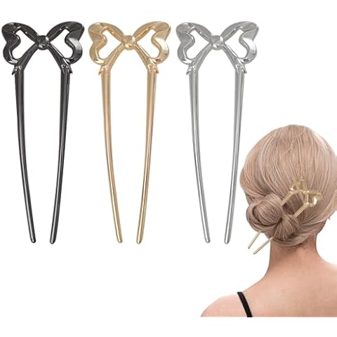 FRDTLUTHW 3PCS Vintage French Bow Twist Hair Pins for Women,U Shaped Updo Gold Metal Hair Sticks for Long Thick Hair,Retro 2 Long Prong Chignon Hair Forks for Bun,Large Long Black Silver Hairpins Cover