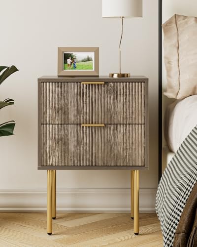 HEYZOEY Nachttisch, Nachtschrank mit 2 Schubladen, Modern Nachtkästchen, Boho Nachtkommode für Schlafzimmer, Wohnzimmer,Grau