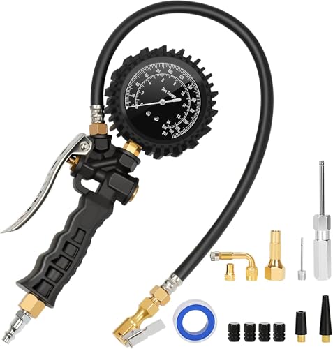AstroAI Tire Pressure Gauge with Inflator, 230 PSI Heavy Duty with Air Chuck Compressor Accessories， 360° Rotatable Dial and Air Chuck, Compatible with Bicycle/Truck/SUV/Motorcyle/RV