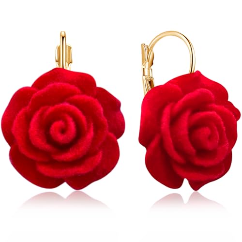 Gdpaddy Velvet Acrylic Rose Flower Lightweight Dangle Drop Earrings Vintage Camellia Floral Leverback Earrings for Women (Red)