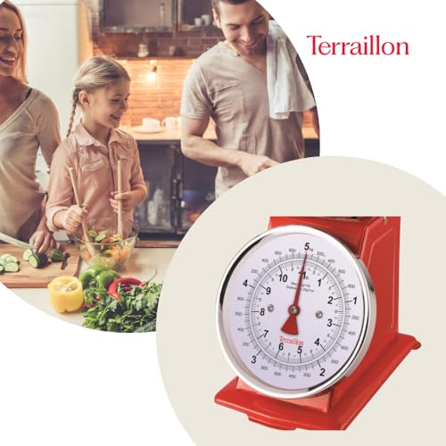 TERRAILLON Vintage-Küchenwaage – Manuelle Tara, großes Ziffernblatt und 1 L Schüssel, Wiegebereich 5 kg – Modell ’Tradition 500’ Rot