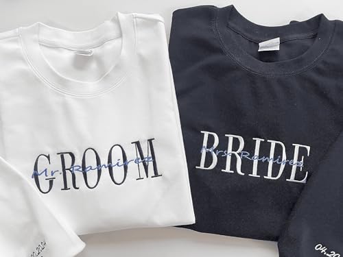 GodLover Custom Embroidered Groom and Bride Hoodies Sweatshirt, Custom Name for Couple, Embroidered Custom Aniversary Date On Sleeve With Initial Hearts, Gifts for Him Her, Matching Couples Hoodies