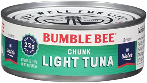 Bumble Bee Chunk Light Tuna In Water, 5 oz Cans (Pack of 24) - Wild Caught Tuna - 22g Protein Per Serving - Non-GMO Project Verified, Gluten Free, Kosher - Great For Tuna Salad & Recipes
