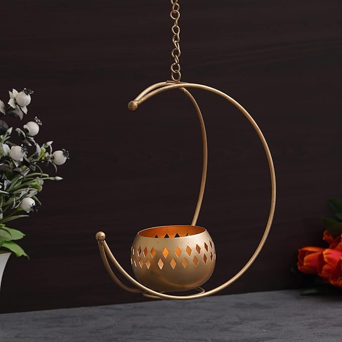Bougeoir Diwali Diya métal lune 26,7 cm idée cadeau pour célébration et maison