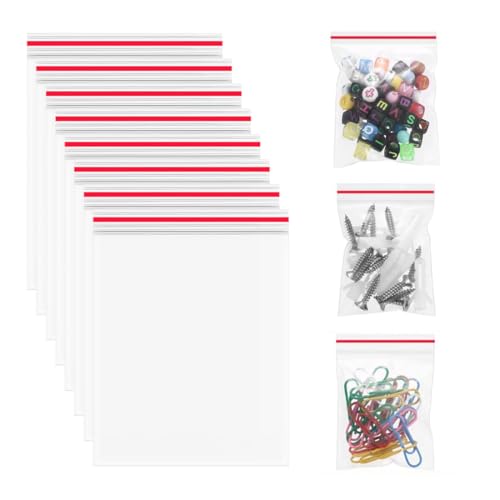 GNALIA Sachet Plastique Transparent Avec Fermeture Zip, 100 Pièces 4X6Cm Bord Rouge Pour Aliments Et Conservation