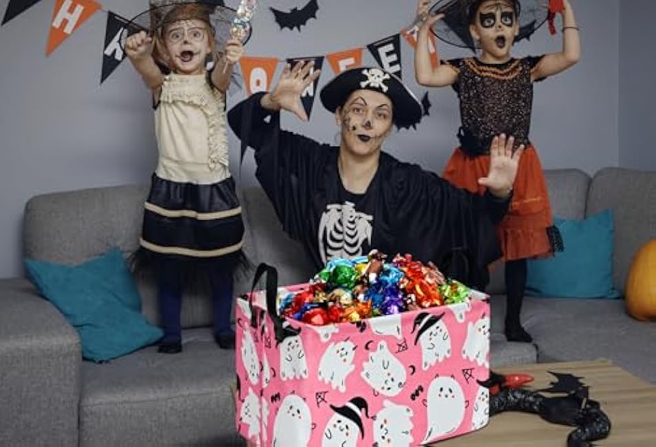 KUNRO Pink Ghost Pattern Halloween Storage Gift Basket Canvas Storage Bins with Handles Rectangle Storage Cubes Organizer for Bedroom Living Room