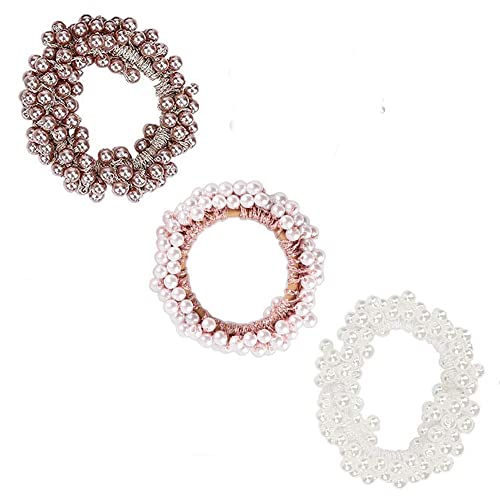 KAIAIWLUO Perlas Coleteros de Pelo,3 piezas Cabello Scrunchies de Perla Brillante Gomas para el Pelo con Perlas Bandas Elásticos Cabello para Mujeres y Niñas