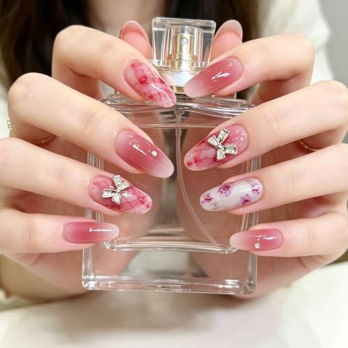 Image of 30 Pcs Nail Extensions For Women, Press On Nails Kit With Pink Rose Dyeing Bow Design, Oval Shape Artificial Nails In 15 Sizes, Reusable Nail Tips For Special Occasions