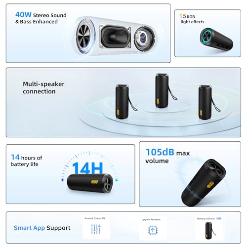 Image of QCY SP7 Portable Bluetooth Speaker - 40W Stereo Sound, 105 dB Loud Output, TWS Multi-Speaker Pairing, 15 RGB Light Modes, IPX7 Waterproof, 14H Battery Life