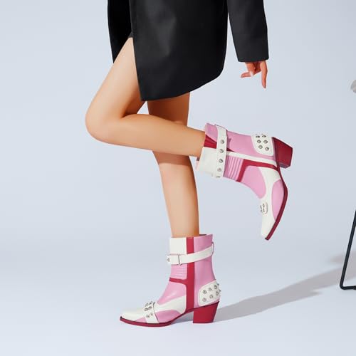 Tsrenlmln Ankle Boots for Women Pointed Toe Heel Rivet Western Cowboy Boots With Tassel Womens Cowgirl Booties Slip-On pink boots red sole 6