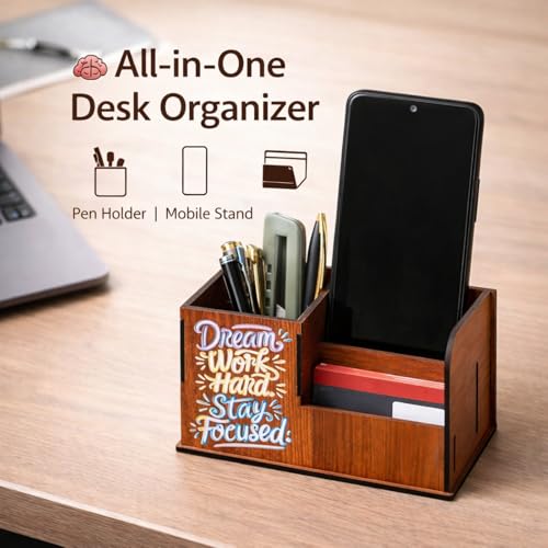 Image of Handcrafted Wooden Pen Holder & Mobile Stand | Desk Organizer for Office, Home & Study Table | Pen Pencil Stand with Card Holder (6.75x3.75x2.5 Inch) (Dream Work Hard Stay Focused)